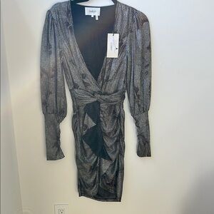 ba&sh Silver Bodycon Dress with Bishop Sleeves